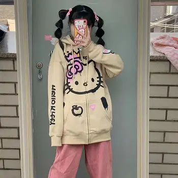 Sanrio Risanka Tiskanja Hello Kitty Bež Kapičastih Pulover Svoboden Žensk Jeseni Debel Srčkan Hoodie Plašč