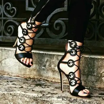 Seksi Čez Trakovi Kovinski Krog Sandali Prepredajo Povoj Čipke Stiletto Sandali Open Toe Izrežemo Krog Ornament Čevlji Mujer