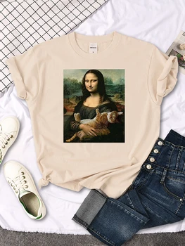 Slavni slika Mona Lisa Držite Smešno Mačka Tiskanja Žensk Tshirt Priložnostne Mehko Vrhovi Fashion Majica s kratkimi rokavi Poletje Letnik Ženske Majice