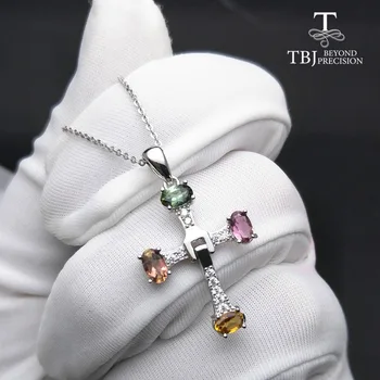 TBJ ,Elegantno zasnovo križ z naravnimi turmalin multicolor gemstone ogrlica v 925 sterling srebro fine nakit z šatulji