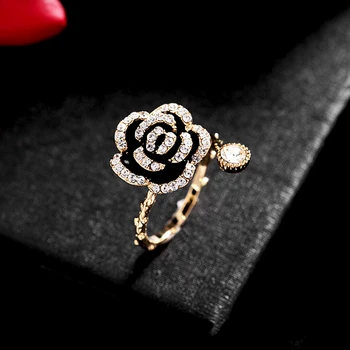 Trendy Fine 14k Resnično Zlata Camellia Preprostost Odpiranje Obroči za Ženske Nastavljiv Design Visoko Nakit Bling AAA Cirkon Stranka Darilo