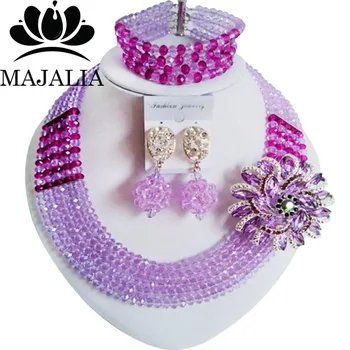 Trendy Nigerija Poroko afriške kroglice nakit set Lila Kristalno ogrlico, zapestnico, uhane, Brezplačna dostava P-2447