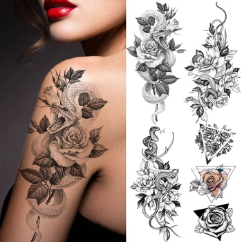 Ustvarjalne Lotus Kača Začasne Tetovaže, Nalepke Za Ženske 3D Body Art Slikarstvo Noge Roko Tattoo Nalepke Ponaredek Nepremočljiva Black Tattoo