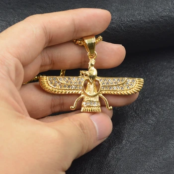 Zlato barvo Ahura Mazda Farvahar Zoroastrian perzijski iz nerjavečega jekla, ogrlico, obesek, sprejeti padec ladijskega prometa