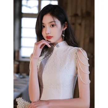 Ženske Bele Slim Cheongsam Biseri Obleke Letno Srečanje Obleke Kitajski Stil Poroka Toast Oblačila