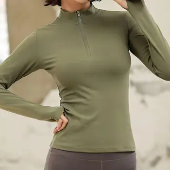 Ženske Long Sleeve Solid Color Pol Zadrgo T-shirt Quick Dry Fitnes Gym Bluzo Joga Oblačila za Šport